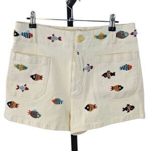 Anthropologie Maeve The Colette Beaded Icon Shorts, Sequin, White, High Rise, 32